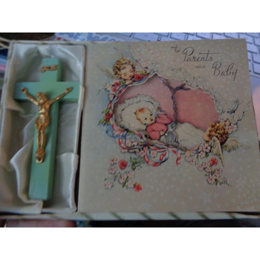 Vtg New Baby Parent's Gift Card with Cross and Sterling Silver Necklace